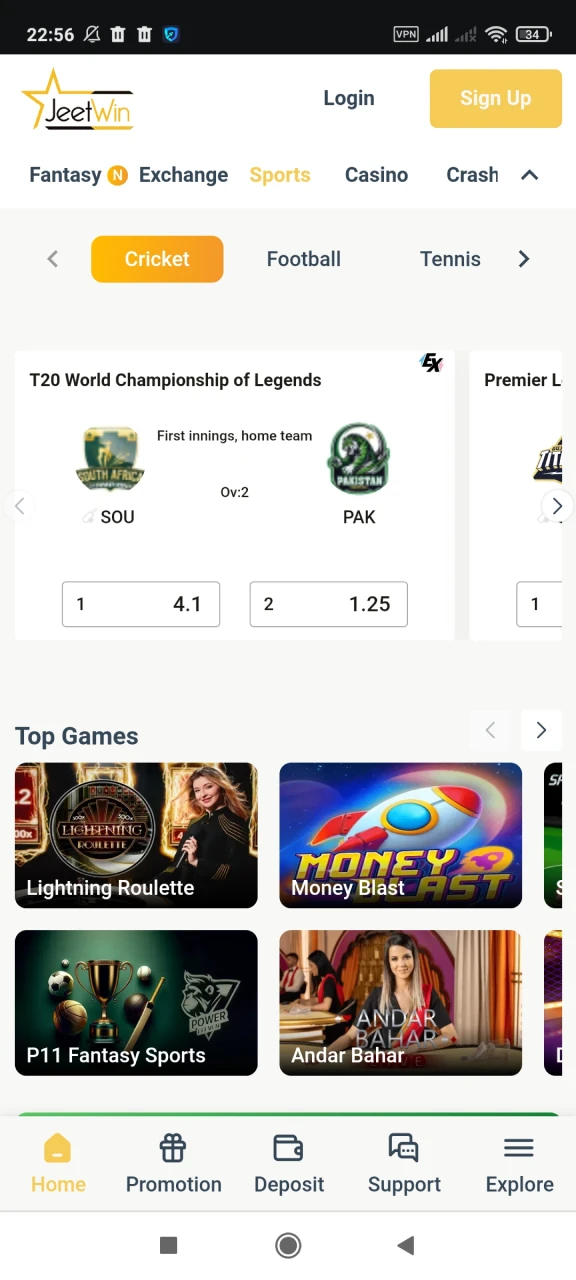 Select an event to bet on in the Jeetwin app.
