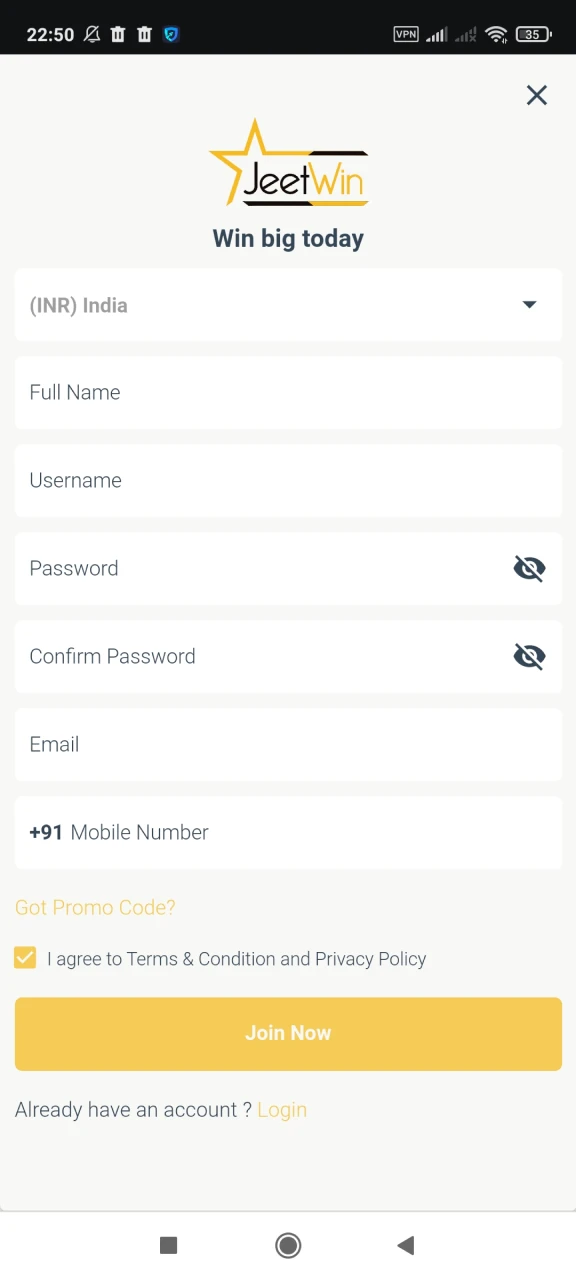 Visit the Jeetwin app registration section.