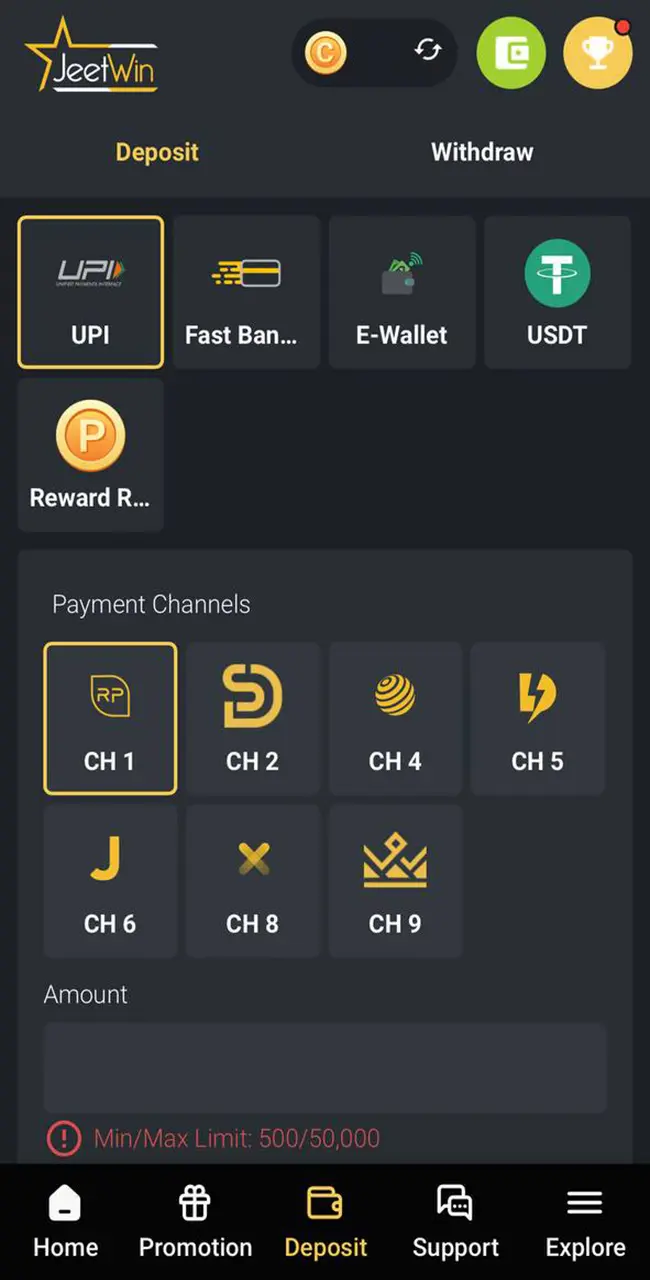 Explore the list of available payment systems to deposit at Jeetwin Casino.