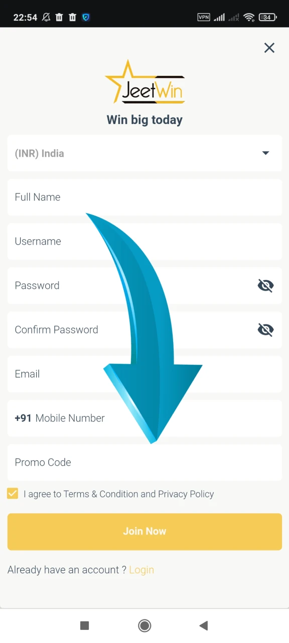 Enter the promotional code in the Jeetwin registration window.