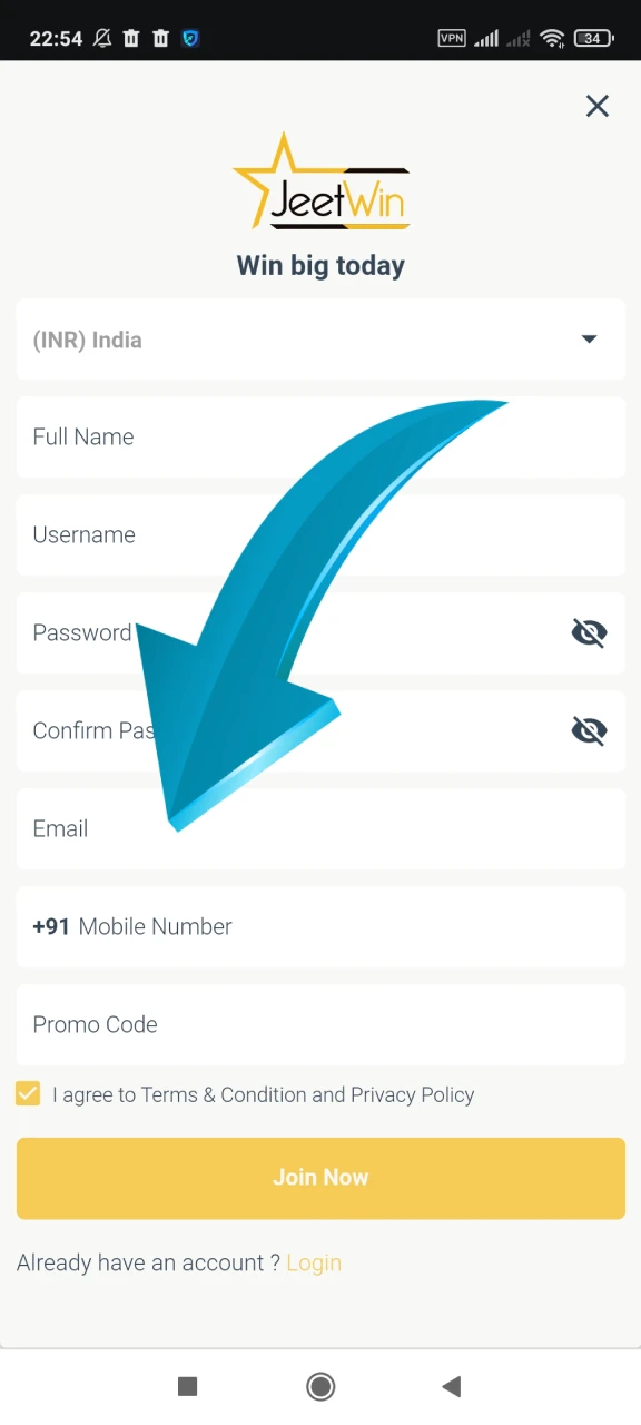Fill in your contact details in the Jeetwin registration window.