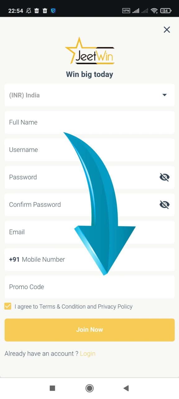 Enter the promo code in the Jeetwin registration window.