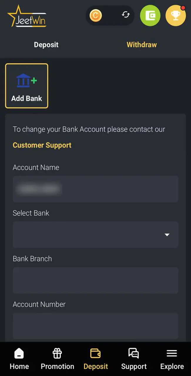 Open the Withdrawal tab in Jeetwin where a form to add a payment system will appear in front of you.