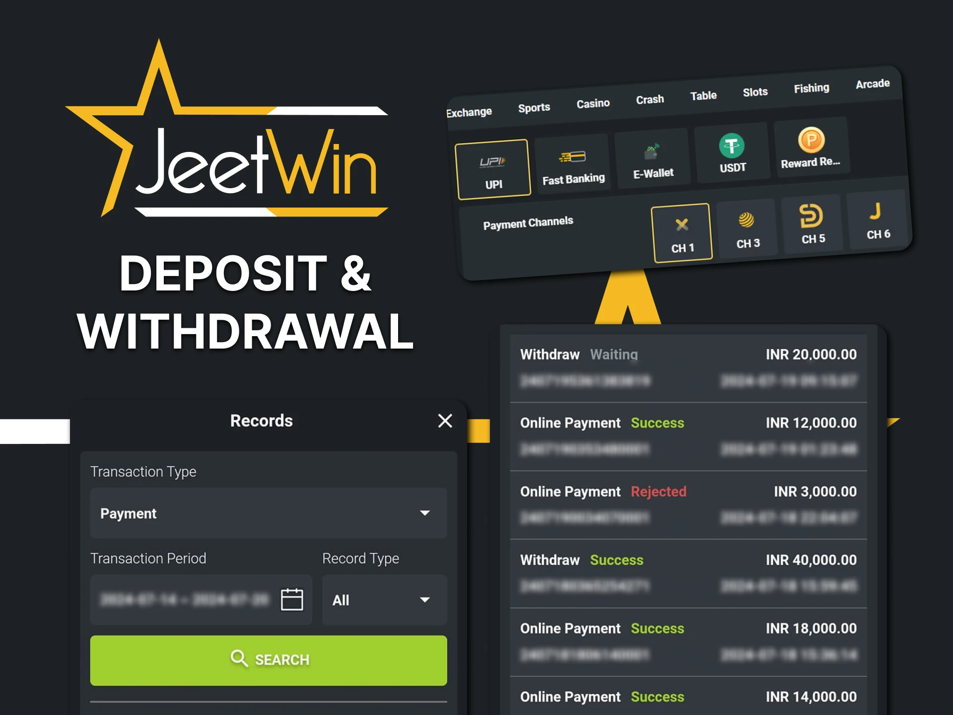 Choose your method of withdrawal and replenishment of funds on Jeetwin.