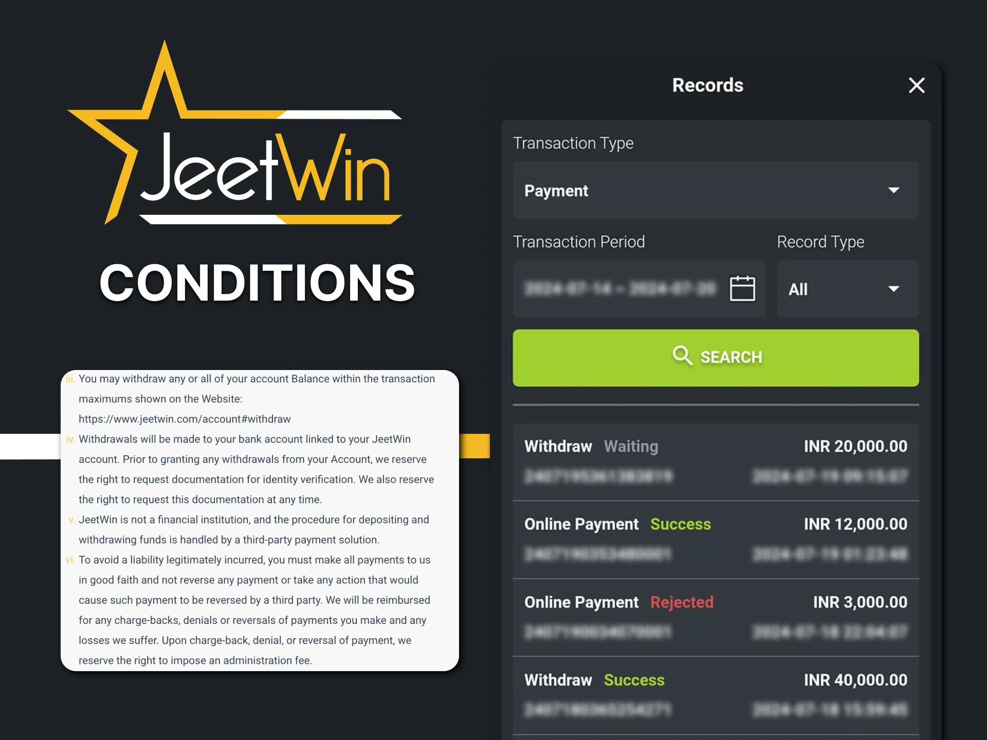 Review the withdrawal requirements for Jeetwin.