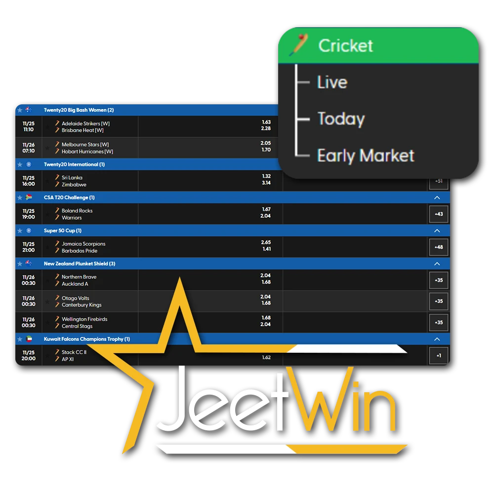 Bet on popular cricket matches at Jeetwin and get a free bet after registering.