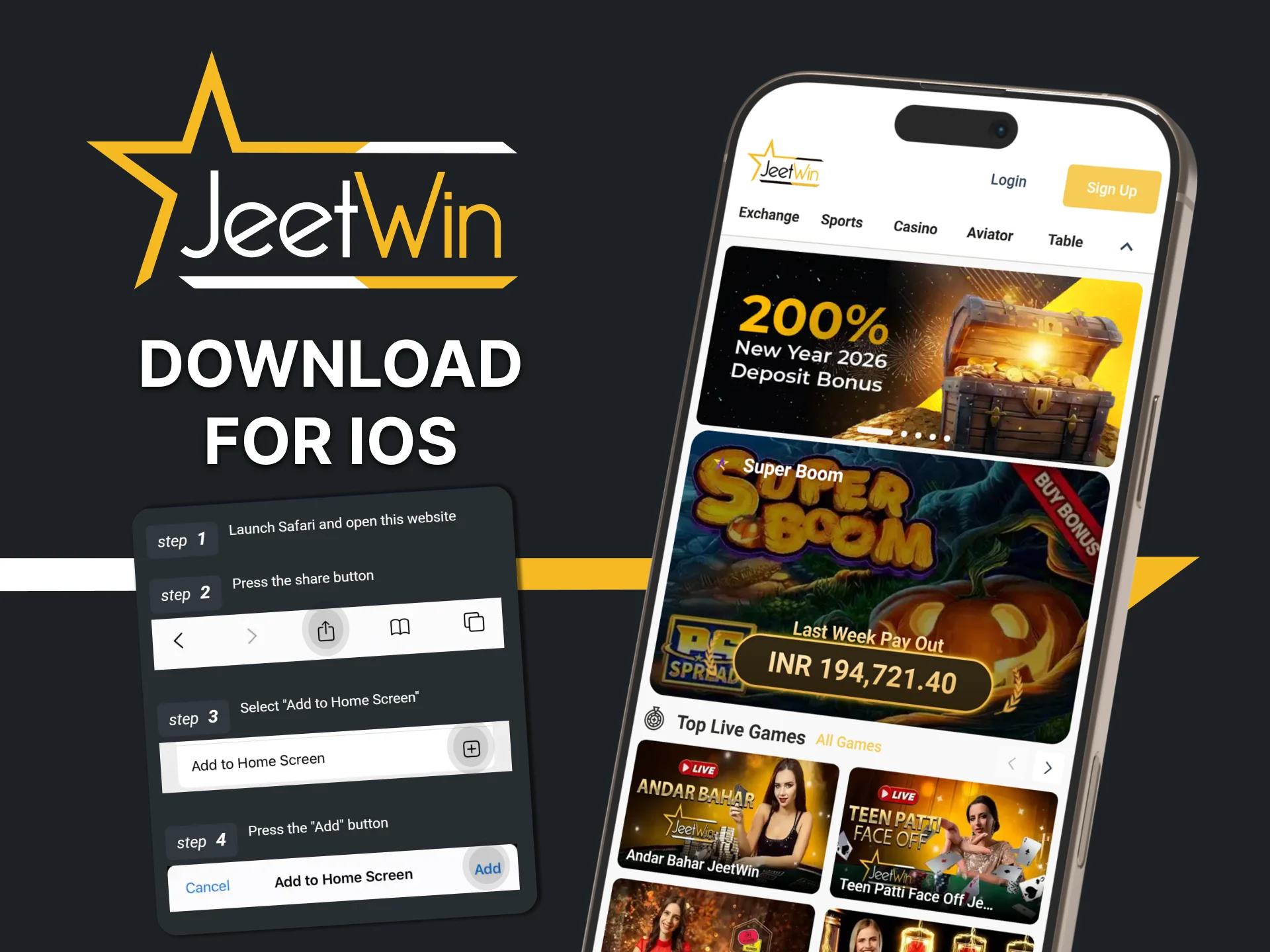 Get Jeetwin app for iOS with PWA function.